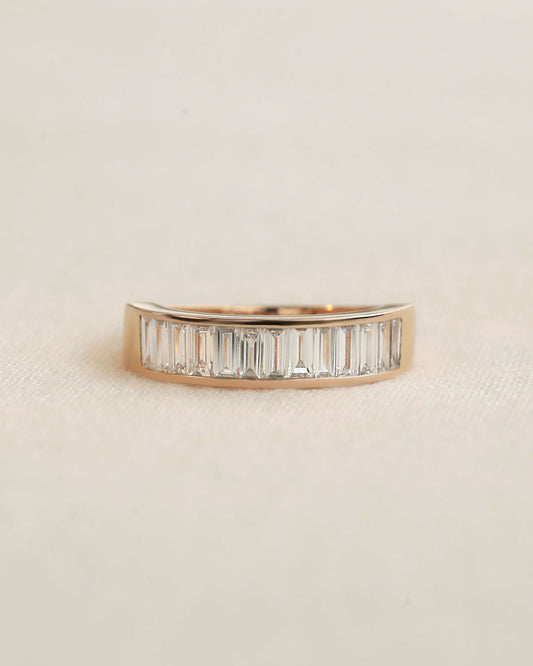 Baguette cut lab diamond eternity ring in rose gold on white background.