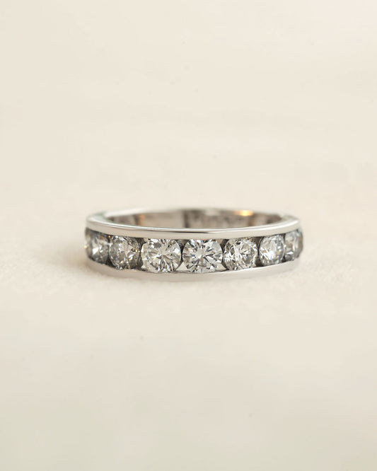 Close up shot of channel set diamond eternity ring in white gold.