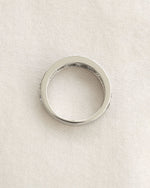 Close up shot of channel set diamond eternity ring in white gold.
