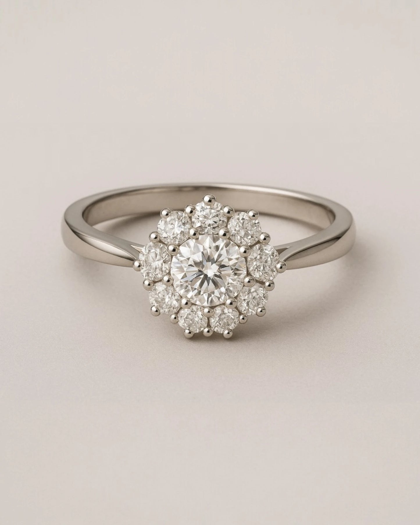 Close up shot of floral halo diamond cluster ring.