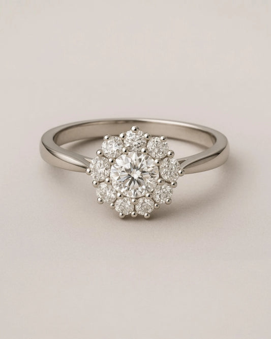 Close up shot of floral halo diamond cluster ring.