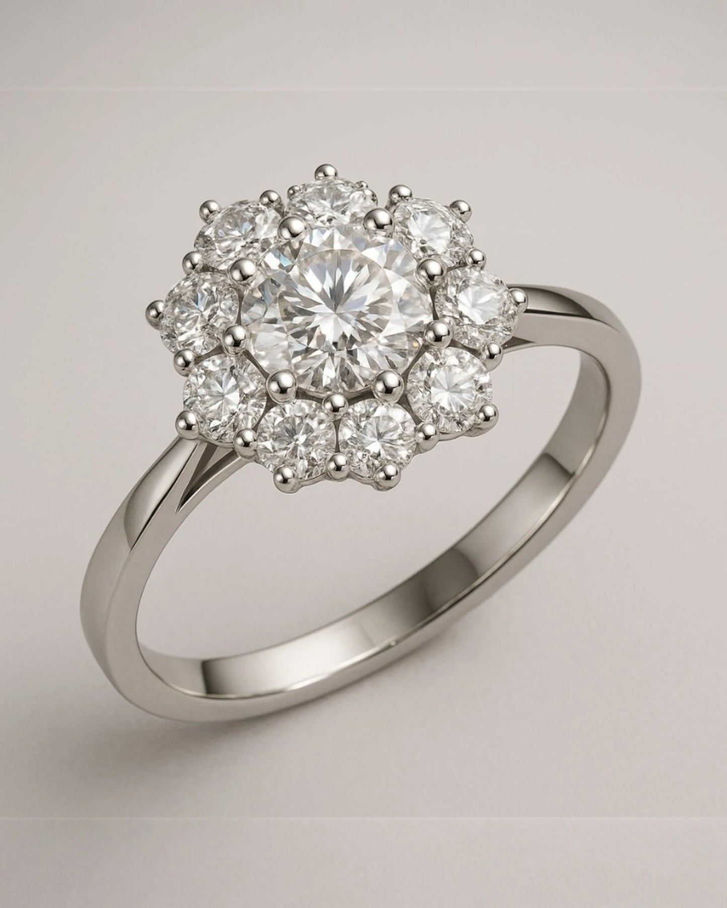 Close up shot of floral halo diamond cluster ring.