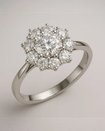 Close up shot of floral halo diamond cluster ring.