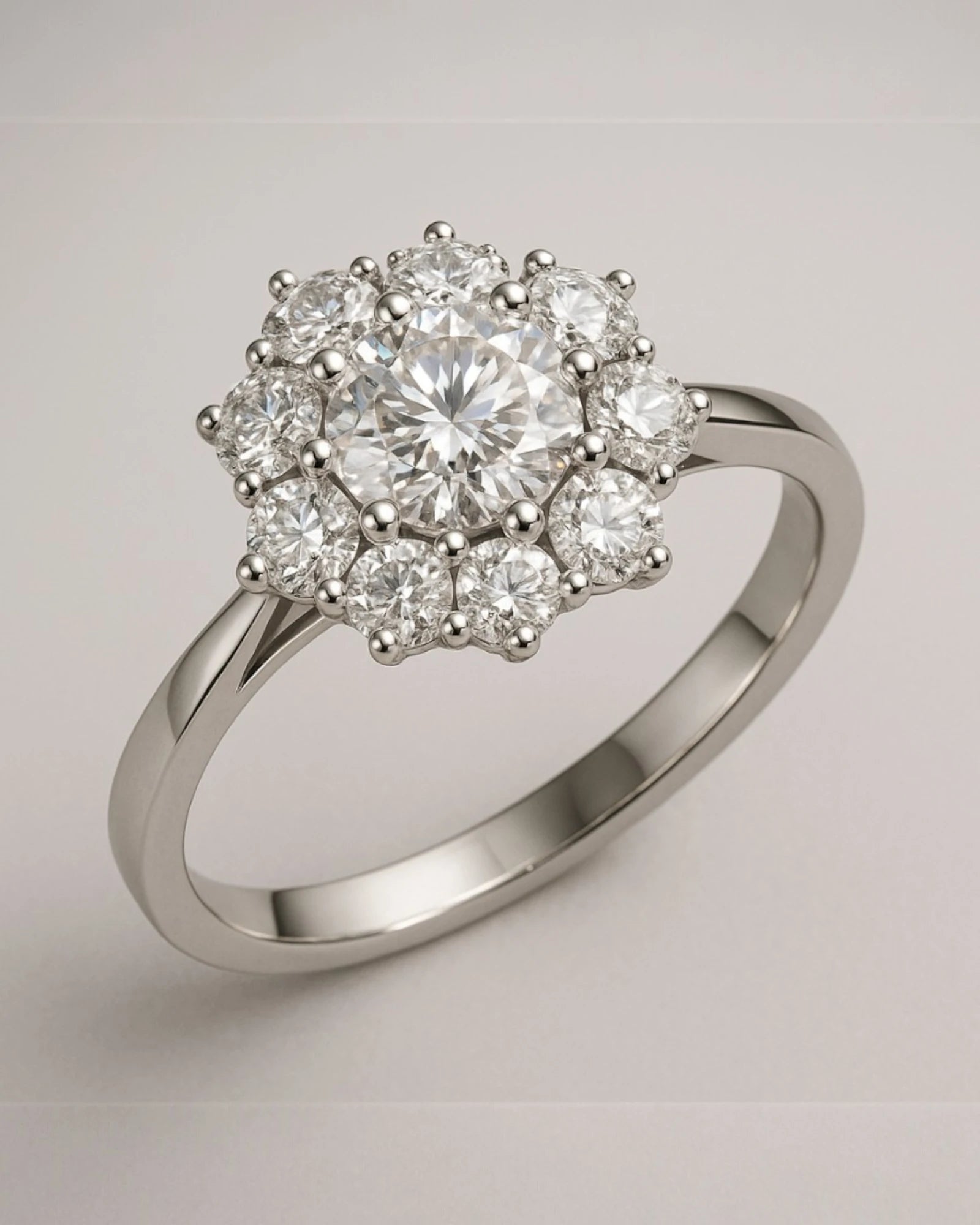 Close up shot of floral halo diamond cluster ring.