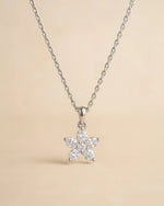 Close up of floral lab diamond pendant with chain .