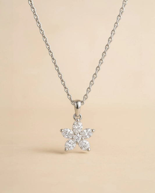 Close up of floral lab diamond pendant with chain .
