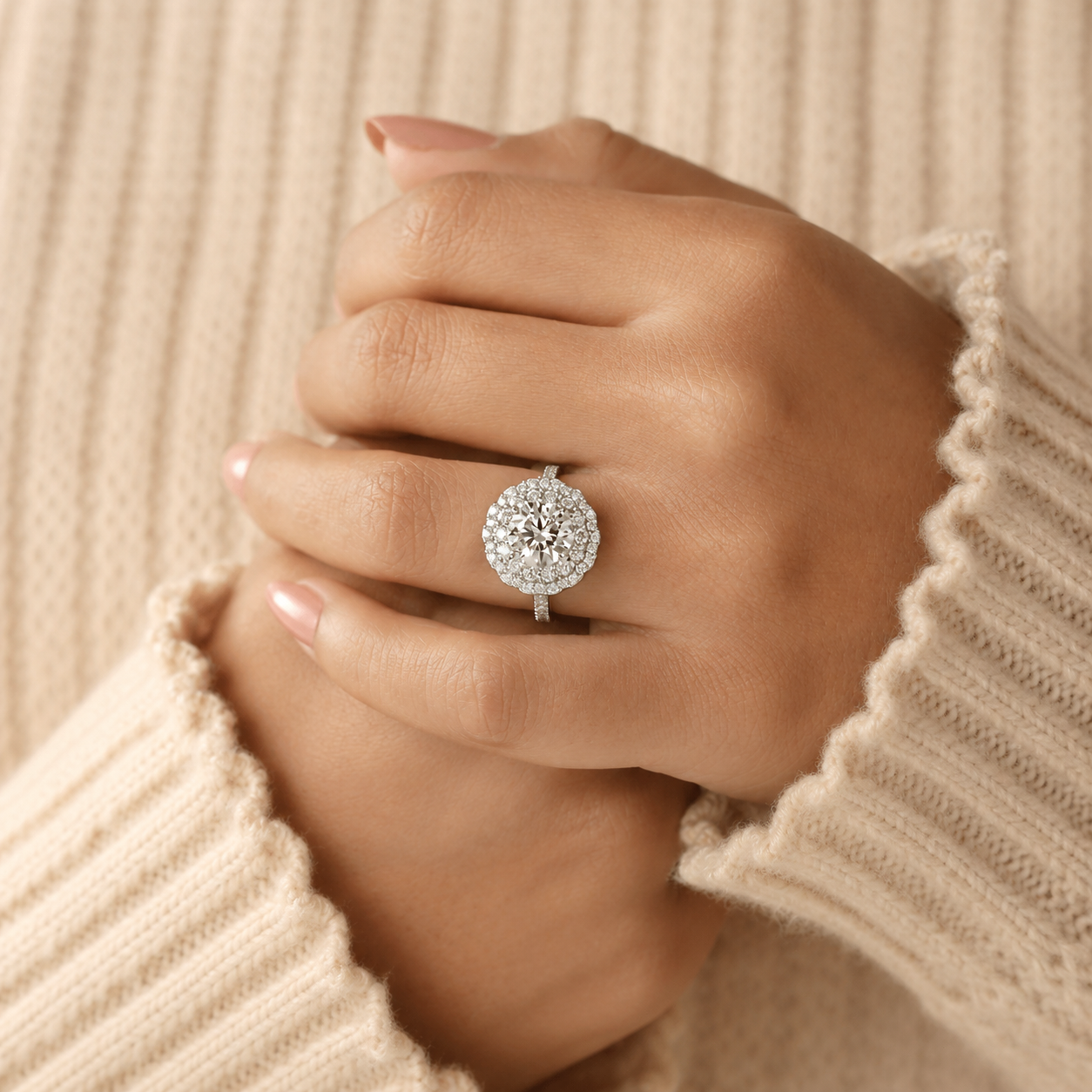 Double Halo Round Lab Grown Diamond Ring in 14K White Gold