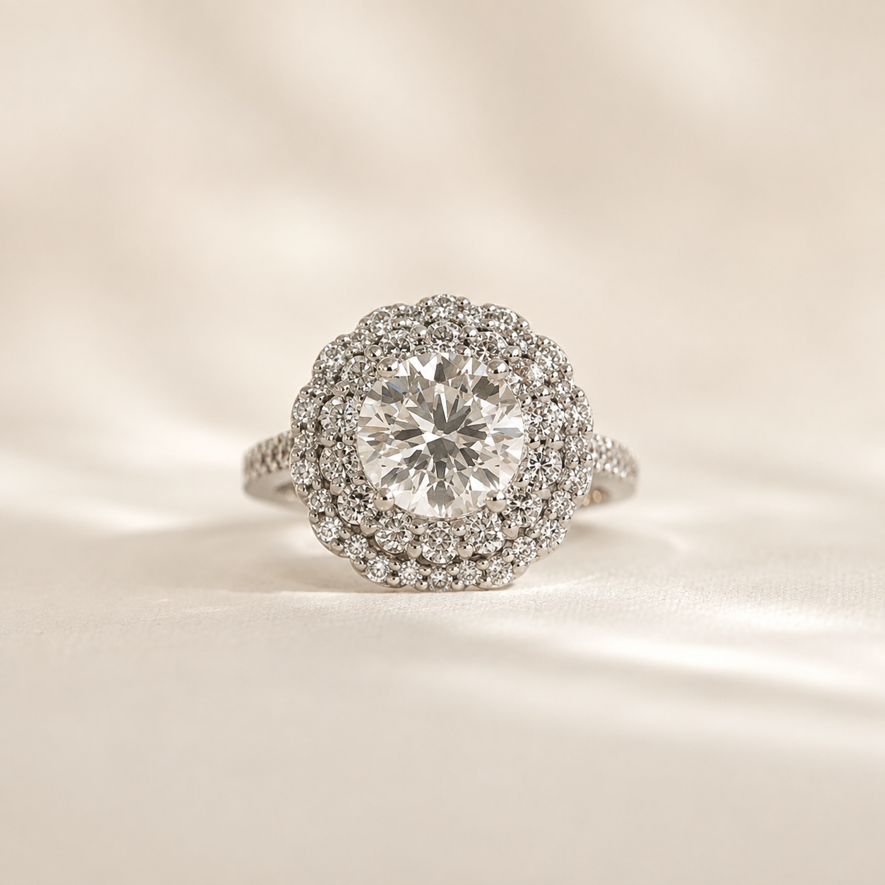 Double Halo Round Lab Grown Diamond Ring in 14K White Gold