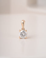 Round cut lab grown diamond solitaire pendant on a white background.