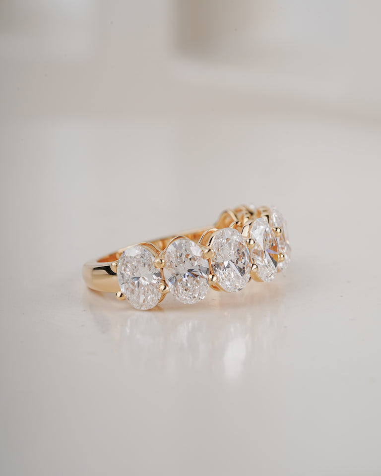 oval cut lab grown diamond eternity ring worn on hand