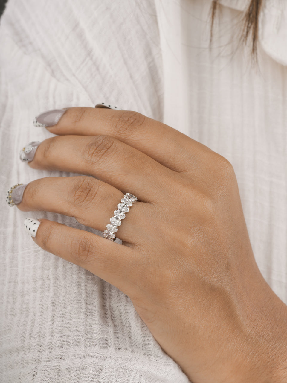 4ct Oval Cut Lab Grown Diamond Full Eternity Ring in White Gold