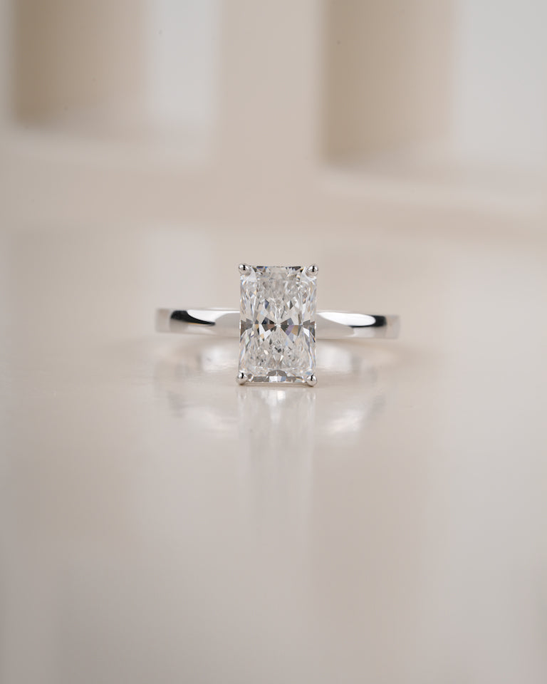 2.00ct Radiant cut lab grown diamond solitaire engagement ring in white gold, front view