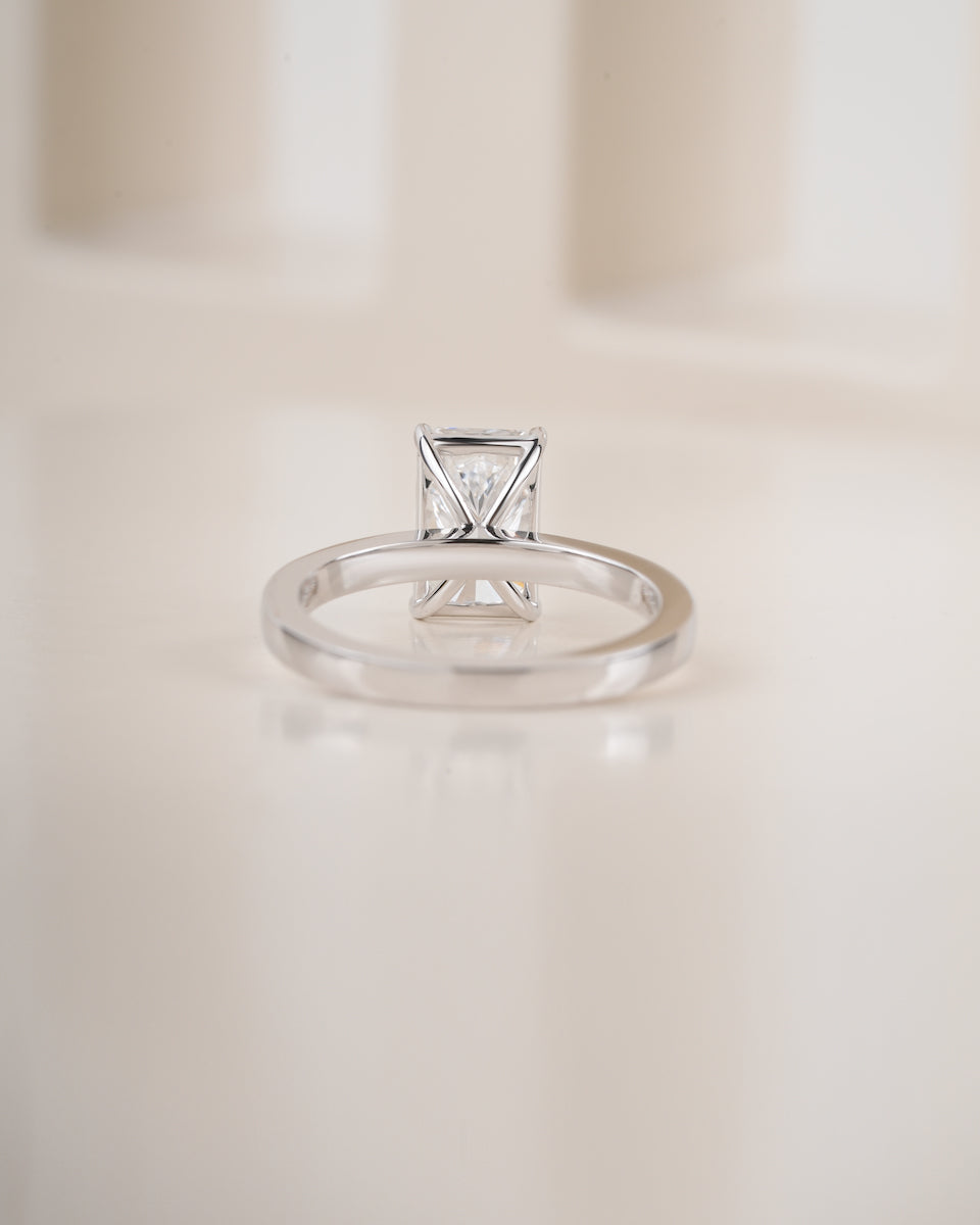 2.00ct Radiant cut lab grown diamond solitaire engagement ring, band detail