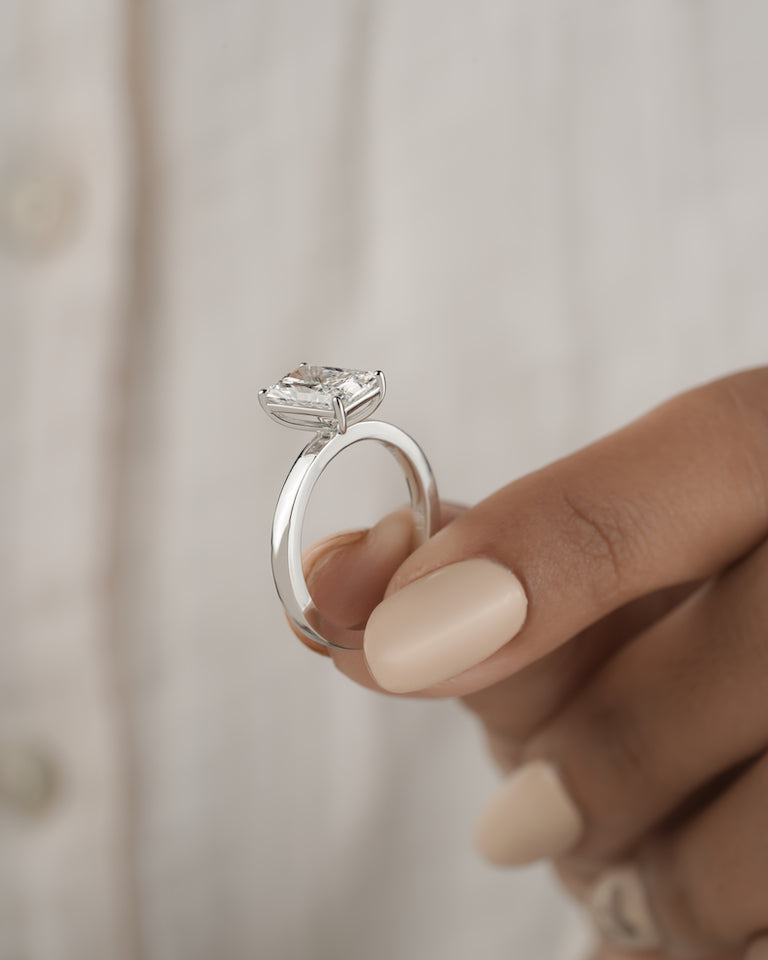 2.00ct Radiant cut lab grown diamond solitaire engagement ring in white gold, three quarter view