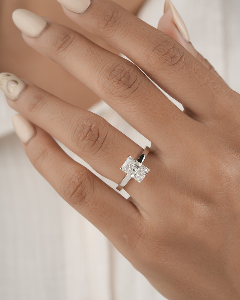 Radiant cut lab grown diamond solitaire ring showing brilliance and sparkle