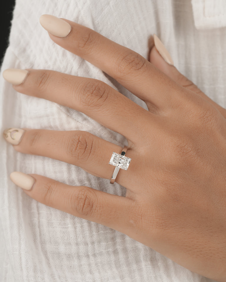 2.00ct Radiant cut lab grown diamond solitaire engagement ring in white gold, side profile