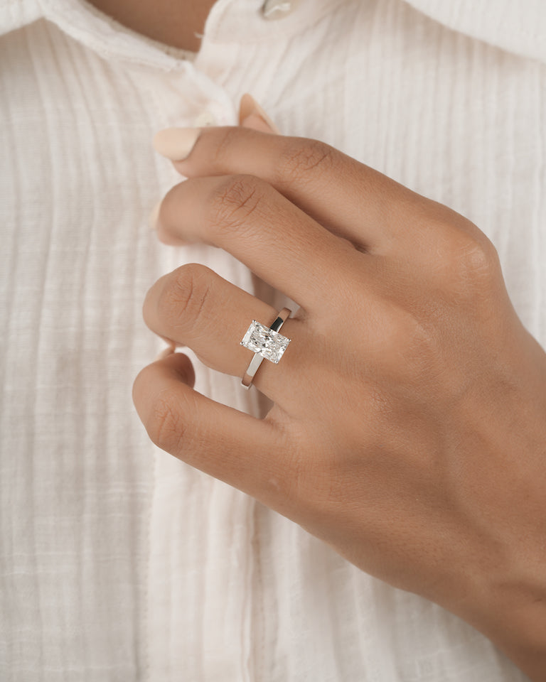 2.00ct Radiant cut lab grown diamond solitaire engagement ring in white gold, angled view