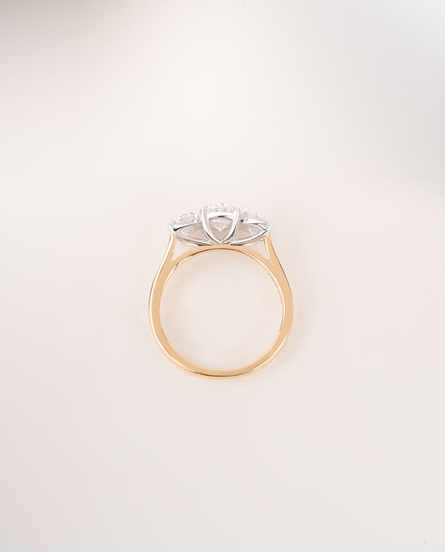 Close up shot of three stone diamond ring.