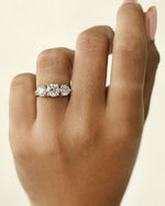 Close up shot of a hand wearing a  three stone diamond ring with rose gold band .