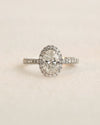 Close up shot of white gold oval halo engagement ring.